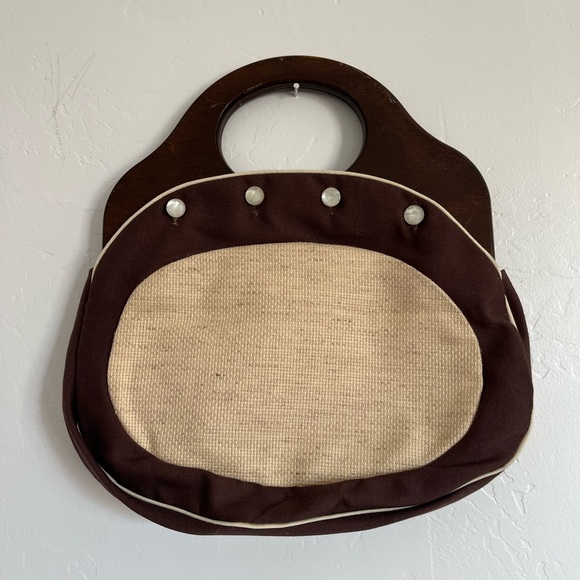 De Lanthe Handbags - Brown and Cream Women's Tote Bag with Wooden Handles
